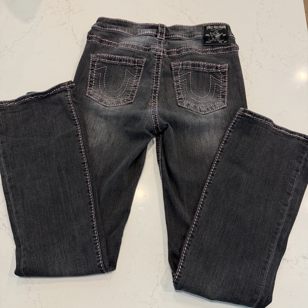 True Religion Becca Mid Rise Bootcut Black Jeans Pink Stitching Size 30 Stretchy